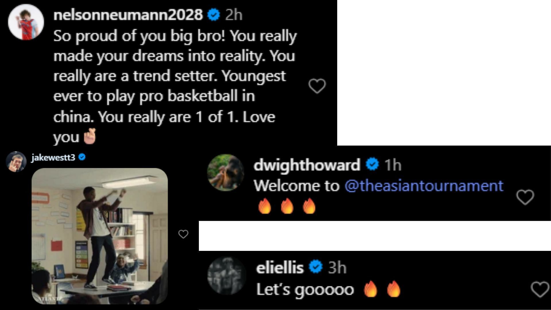 Players react to 2025 prospect Noah Neumann becoming the "youngest American player to play pro basketball in China" (Source: @nnsquad_/Instagram)
